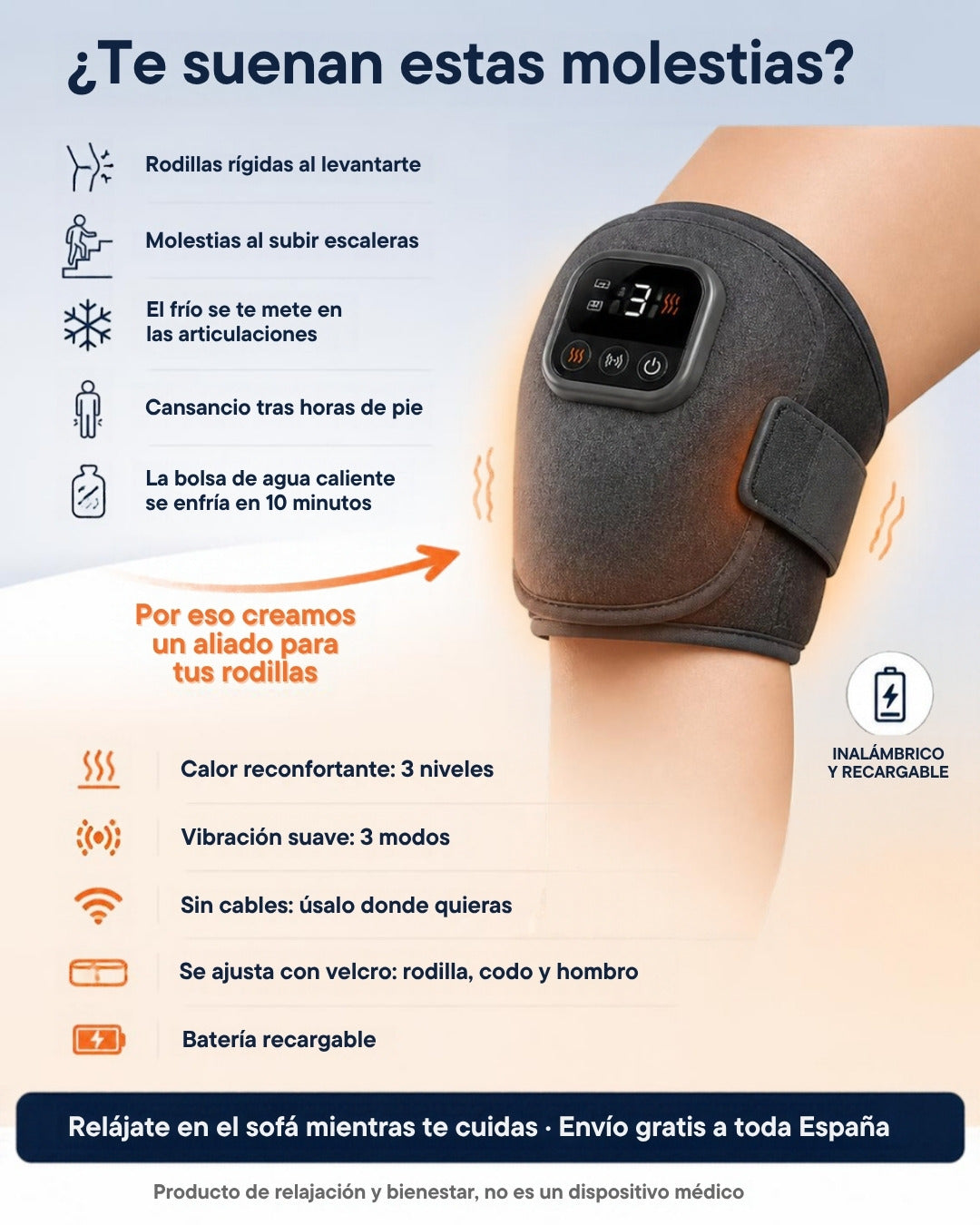 Infografía: molestias de rodilla con el frío y cómo ayuda el masajeador térmico con calor y vibración